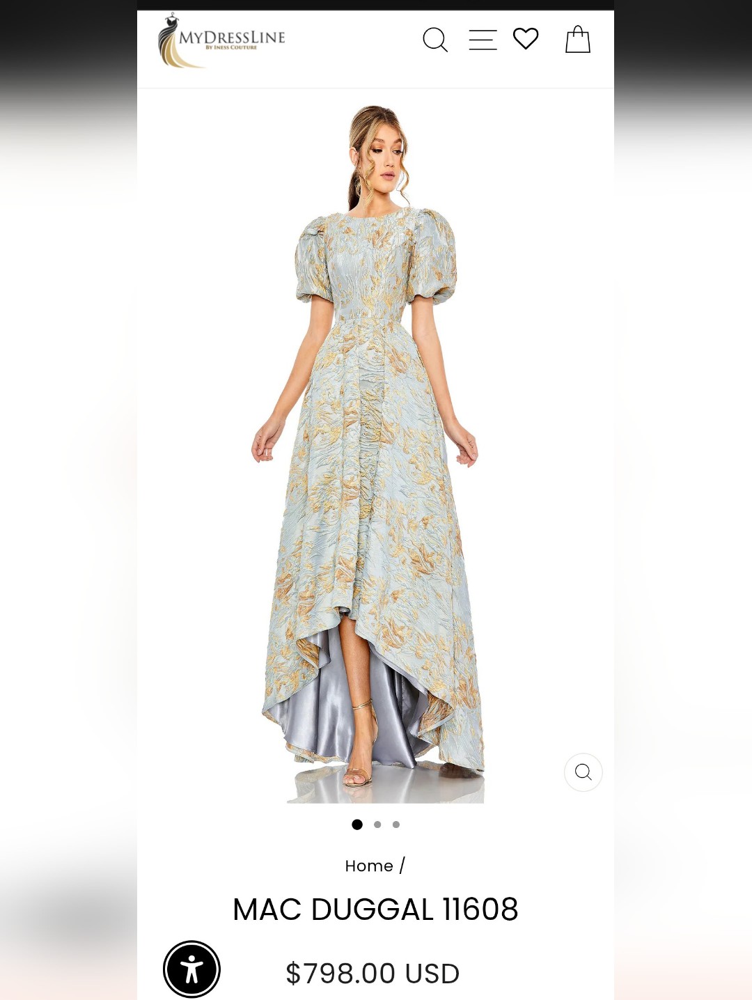 Mac Duggal Blue And Gold High-Low Puff Sleeve Evening Dress 11608 Size 6